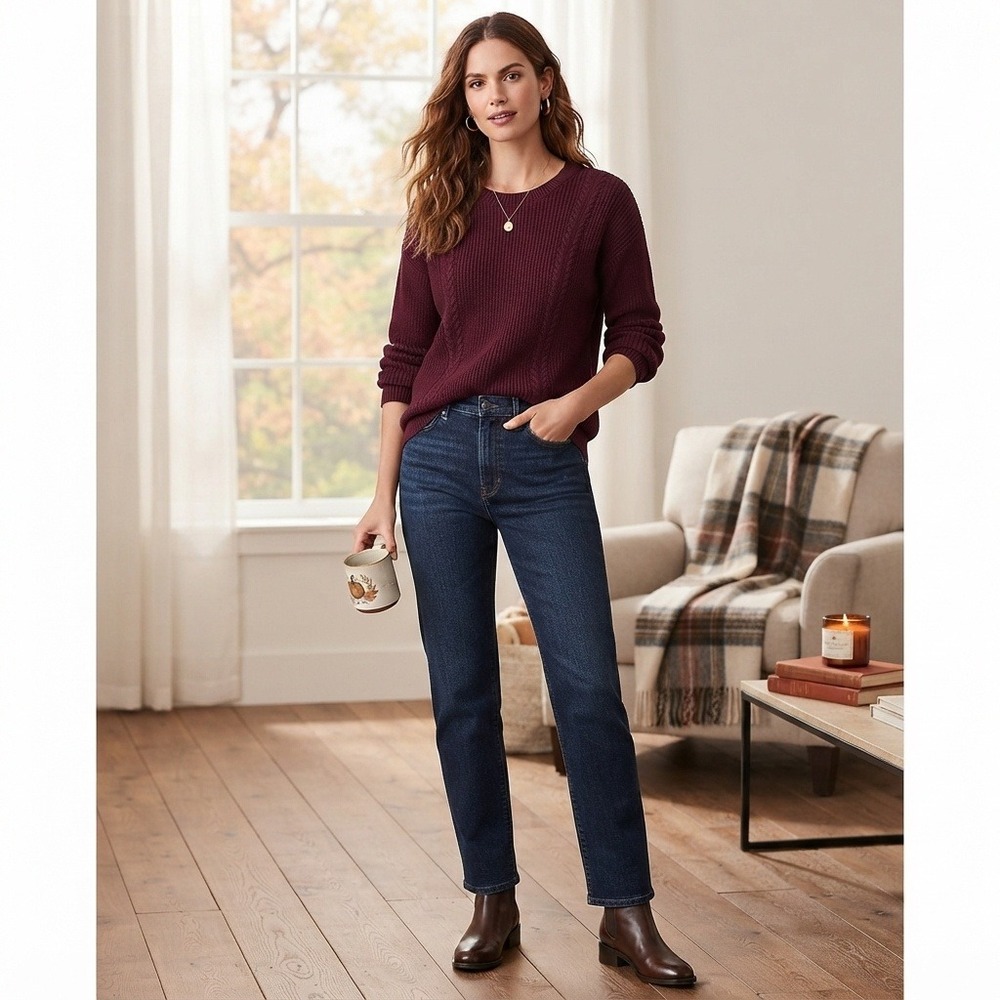 Banana Republic Ribbed Cable-Knit Crew-Neck Sweater Burgundy Medium Maroon Top